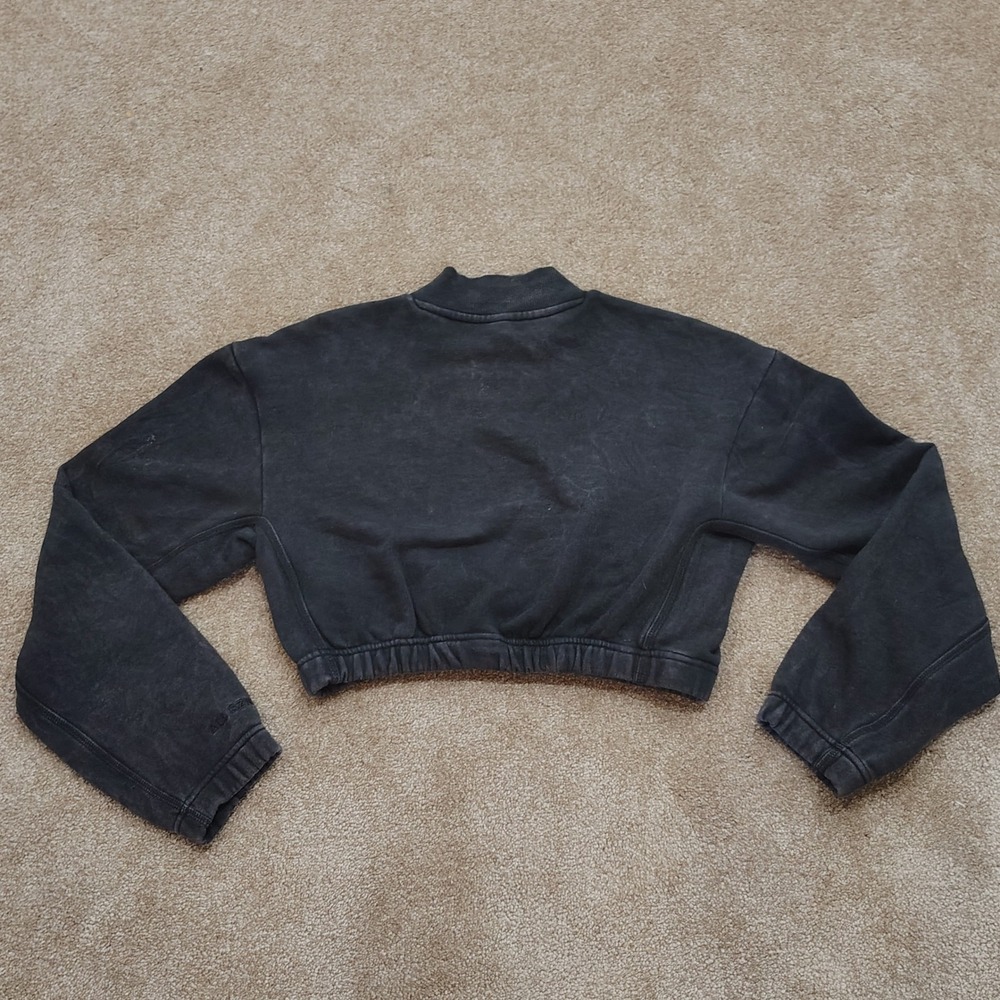Adidas Sweatshirt Womens Small Black Cropped Mock Neck Acid Wash Pullover Fleece